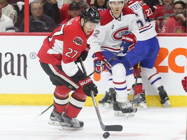 Durtis Lazar skates away with the puck in the first period as the Ottawa Senators take on the Montreal Canadiens at the Canadian Tire Centre in Ottawa for Game 6 of the NHL Eastern Conference playoffs on Sunday evening.