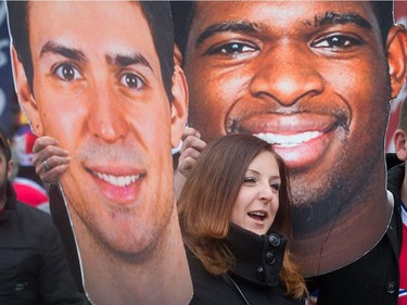 Elizabeth Hayden and her husband Eric Briand (not shown) brought giant cutouts of Carey Price and P.K. Subban to Fan Jam 2015 as the Ottawa Senators get set to take on the Montreal Canadiens at the Bell Centre in Montreal for Game 5 of the NHL Conference playoffs on Friday evening.
