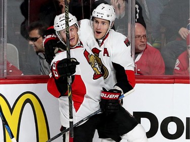 Erik Condra celebrates his goal with Kyle Turris (R) in the third period as the Ottawa Senators take on the Montreal Canadiens at the Bell Centre in Montreal for Game 5 of the NHL Conference playoffs on Friday evening.