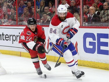Erik Condra chases Greg Pateryn in the first period as the Ottawa Senators take on the Montreal Canadiens at the Canadian Tire Centre in Ottawa for Game 6 of the NHL Eastern Conference playoffs on Sunday evening.