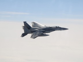 An F-15C Eagle assigned to the 18th Wing at Kadena Air Base, Japan, and temporarily based at Joint Base Elmendorf-Richardson, Alaska, intercepts Fencing 1220, a suspected hijacked aircraft during Exercise Vigilant Eagle Aug. 7.  Vigilant Eagle 2011 marks the second year of cooperation between the Russian Federation and NORAD to counter possible threats of air terrorism crossing international boundaries.  (U.S. Air Force photo by Capt. Uriah Orland)