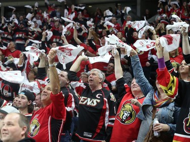 Fans in the third period as the Ottawa Senators take on the Montreal Canadiens at the Canadian Tire Centre in Ottawa for Game 6 of the NHL Eastern Conference playoffs on Sunday evening.