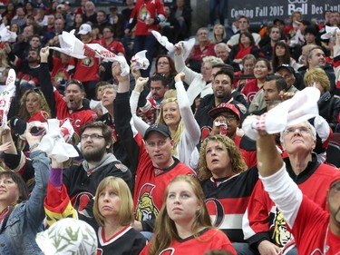 Fans try to rally the team in the second period as the Ottawa Senators take on the Montreal Canadiens at the Canadian Tire Centre in Ottawa for Game 6 of the NHL Eastern Conference playoffs on Sunday evening.