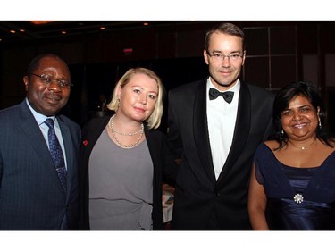 From left, Cameroon High Commissioner Anu'a-Gheyle Solomon Azoh-Mbi with Penny Tucker, New Zealand High Commissioner Simon Tucker and Jamaican High Commissioner Janice Miller at the 27th Commonwealth Dinner held  on Tuesday, April 7, 2015.