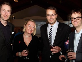 From left, celebrity auctioneer Nathan Medd with Penny Tucker and her husband, New Zealand High Commissioner Simon Tucker, and Third Wall Theatre artistic director James Richardson at a New Zealand-themed gala dinner held for the Ottawa theatre company on Saturday, April 18, 2015, at Glebe-St. James United Church.