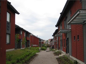 This neighbourhood in Porvoo, Finland, emphasizes active living. Cars do not enter (drivers walk home from a common parking shed) and paths are unpaved to minimize summer overheating and make jogging comfortable.