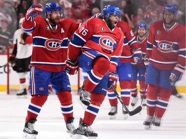 P.K. Subban #76 of the Montreal Canadiens celebrates after scoring a goal against Ottawa Senators in Game Two of the Eastern Conference Quarterfinals during the 2015 NHL Stanley Cup Playoffs at the Bell Centre on April 17, 2015 in Montreal, Quebec, Canada.
