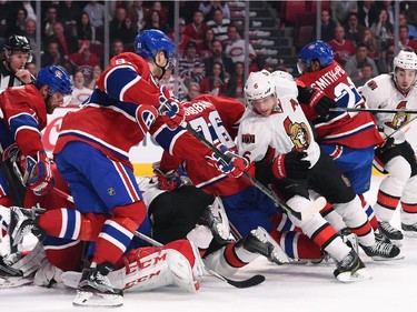 Players of the Montreal Canadiens fight against Ottawa Senators in Game Two of the Eastern Conference Quarterfinals during the 2015 NHL Stanley Cup Playoffs at the Bell Centre on April 17, 2015 in Montreal, Quebec, Canada.