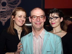 Geoff McBride, director of the 16th Annual Lawyer Play Fundraiser, is flanked by set and props designer Stephanie Dahmer Brett, left, and makeup artist Annie Lefebvre at the opening gala night held Thursday, April 16, 2015, at the GCTC.