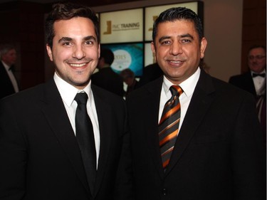 Gloucester-South Nepean Coun. Michael Qaqish with Inderpreet Singh, director of the Ottawa Indian Film Festival, at the 27th Commonwealth Dinner held at Brookstreet Hotel on Tuesday, April 7, 2015.