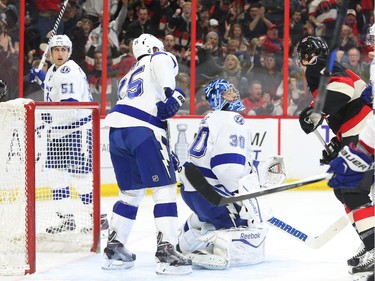 Goalie Ben Bishop of the Tampa Bay Lightning shows his dejection after Mark Stone's goal during first period NHL action.