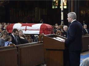 Prime Minister Stephen Harper speaks during the funeral service for Senate Speaker Pierre Claude Nolin at Notre-Dame Basilica in Montreal, Thursday, April 30, 2015.