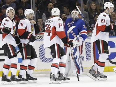 New York Rangers goalie Henrik Lundqvist (30) reacts after Ottawa Senators center Kyle Turris (7) scored a goal during the second period.