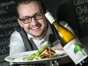 Sommelier Samuel James at MeNa Restaurant in Little Italy paired a 2011 Lighthall Vineyards Chardonnay from Prince Edward County with a delicious seared rainbow trout dish stuffed with trout mousse and fennel and served with a fine herb sauce, green beans, preserved yellow tomato (from last summer) purée and a chickpea salad.