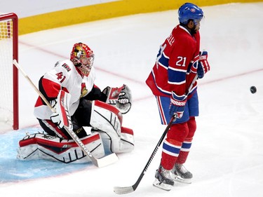 in the first period as the Ottawa Senators take on the Montreal Canadiens at the Bell Centre in Montreal for Game 5 of the NHL Conference playoffs on Friday evening.