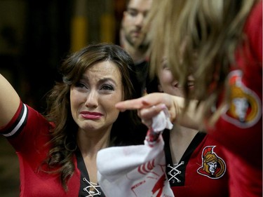 Kelly Kaye is emotional after the third period as the Ottawa Senators take on the Montreal Canadiens at the Canadian Tire Centre in Ottawa for Game 6 of the NHL Eastern Conference playoffs on Sunday evening.
