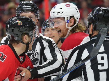 Kyle Turris (L) and Jeff Petry have words in the first period as the Ottawa Senators take on the Montreal Canadiens at the Canadian Tire Centre in Ottawa for Game 6 of the NHL Eastern Conference playoffs on Sunday evening.