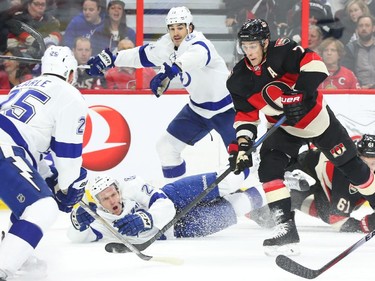Kyle Turris of the Ottawa Senators shoots against the Tampa Bay Lightning during first period NHL action.