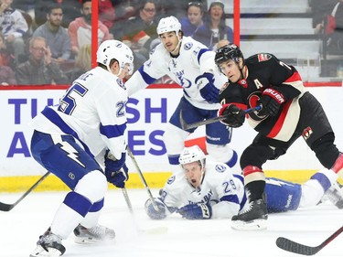 Kyle Turris of the Ottawa Senators shoots against the Tampa Bay Lightning during first period of NHL action at Canadian Tire Centre in Ottawa, April 02, 2015.  (Jean Levac/ Ottawa Citizen)