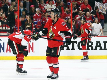 Kyle Turris of the Ottawa Senators shows his dejection after losing their series against the Montreal Canadiens during third period of NHL action at Canadian Tire Centre in Ottawa, April 26, 2015.