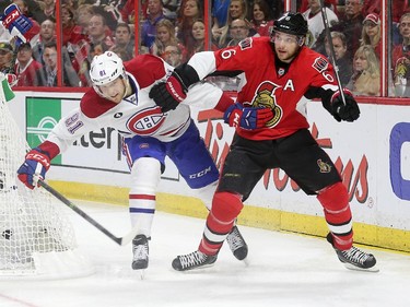 Lars Eller and Bobby Ryan battle behind the net in the first period as the Ottawa Senators take on the Montreal Canadiens at the Canadian Tire Centre in Ottawa for Game 6 of the NHL Eastern Conference playoffs on Sunday evening.