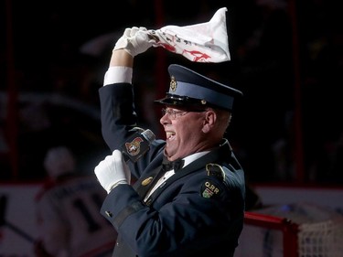 Lyndon Slewidge waves on the crowd in the first period as the Ottawa Senators take on the Montreal Canadiens at the Canadian Tire Centre in Ottawa for Game 6 of the NHL Eastern Conference playoffs on Sunday evening.