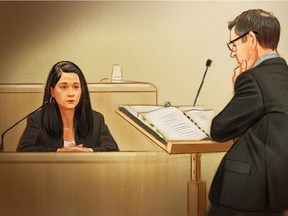 Witness Sonia Makhlouf, a Senate human resources officer, is questioned by Crown Jason Neubauer at the Mike Duffy trial in Ottawa, Monday, April 13, 2015 in a court artist's sketch. THE CANADIAN PRESS/Greg Banning