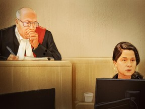 In this artist's sketch, witness Sonia Makhlouf, a Senate human resources official, appears at the Mike Duffy trial in Ottawa, Tuesday, April 14, 2015 as Justice Charles Vaillancourt looks on.