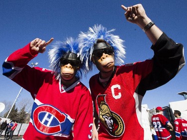 Marc-Andre Gaudreau and JP Gosselin show their team spirit during FanJam 2015 prior to the start of game one between the Montreal Canadiens and Ottawa Senators in Montreal Wednesday April 15, 2015.