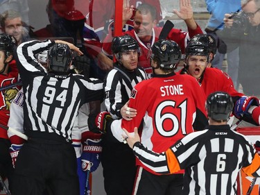 Mark Borowiecki of the Ottawa Senators screams at the referee after being called for his first penalty against him his team battles the Montreal Canadiens during first period action at Canadian Tire Centre in Ottawa, April 22, 2015.  (Jean Levac/ Ottawa Citizen)