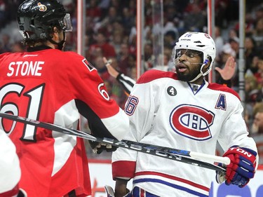 Mark Stone and P.K. Subban stare each other down in the first period as the Ottawa Senators take on the Montreal Canadiens at the Canadian Tire Centre in Ottawa for Game 6 of the NHL Eastern Conference playoffs on Sunday evening.