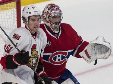 Ottawa Senators' Mark Stone gets up close to Montreal Canadiens goalie Carey Price during third period of Game 2 NHL Stanley Cup first round playoff hockey action Friday, April 17, 2015 in Montreal.
