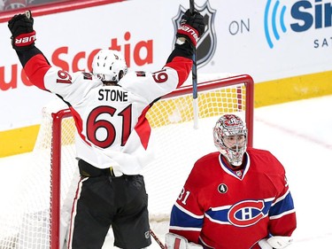 Mark Stone celebrates the third Senator goal in the second period as the Ottawa Senators take on the Montreal Canadiens at the Bell Centre in Montreal for Game 5 of the NHL Conference playoffs on Friday evening.