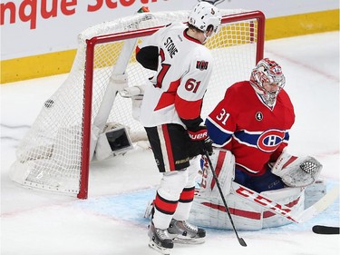 Mark Stone looks back as the third Senator goal is scored during the second period as the Ottawa Senators take on the Montreal Canadiens at the Bell Centre in Montreal for Game 5 of the NHL Conference playoffs on Friday evening.