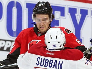 Mark Stone of the Ottawa Senators in a stare off against P.K. Subban of the Montreal Canadiens during second period action of Game 4.