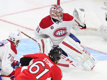 Mark Stone of the Ottawa Senators is robbed by Carey Price of the Montreal Canadiens during second period action.