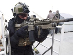 Members of Canadian Forces Special Operations JTF2 unit storm a ship during Operation Nanook off the shores of Churchill, Man in this 2012 file shot.