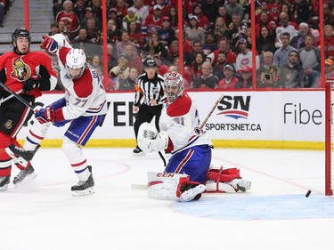 Mika Zabinajad looks back as the goal is scored on Carey Price in the third period.