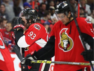 Mika Zibanejad (93) and the Ottawa Senators show their dejection after losing their series against the Montreal Canadiens during third period of NHL action at Canadian Tire Centre in Ottawa, April 26, 2015.  (Jean Levac/ Ottawa Citizen)