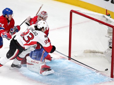 Mika Zibanejad makes sure the goal is scored on Carey Price in the first period as the Ottawa Senators take on the Montreal Canadiens at the Bell Centre in Montreal for Game 5 of the NHL Conference playoffs on Friday evening.