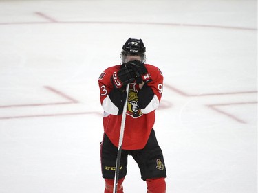 Ottawa Senators' Mika Zibanejad (93) stands on the ice at the end of the third period of an NHL Stanley Cup playoff hockey game against the Montreal Canadiens, Sunday April 26, 2015, in Ottawa.