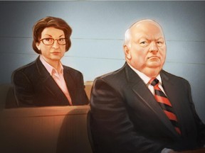 In this artist's sketch, suspended senator Mike Duffy and his wife Heather appear at his trial in Ottawa, Wednesday, April 15, 2015.