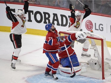 Montreal Canadiens' Andrei Markov (79) reacts after he scores an own goal on Carey Price as Ottawa Senators' Bobby Ryan (6) and Mika Zibanejad (93) celebrate during first period NHL playoff action in Montreal, Wednesday, April 15, 2015.