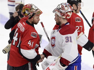 Montreal Canadiens goalie Carey Price (31) and Ottawa Senators goalie Craig Anderson (41) shake hands following NHL playoff action in Ottawa, Sunday, April 26, 2015.