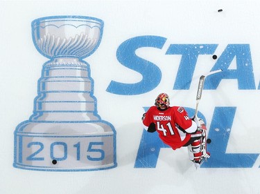 Craig Anderson #41 of the Ottawa Senators skates over the in-ice Stanley Cup logo during warmup prior to playing against the Montreal Canadiens in Game Three of the Eastern Conference Quarter finals during the 2015 NHL Stanley Cup Playoffs at Canadian Tire Centre on April 19, 2015 in Ottawa, Ontario, Canada.