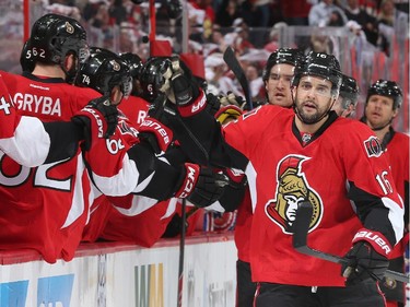 Clarke MacArthur #16 of the Ottawa Senators celebrates his first period goal against the Montreal Canadiens in Game Three of the Eastern Conference Quarterfinals during the 2015 NHL Stanley Cup Playoffs at Canadian Tire Centre on April 19, 2015 in Ottawa, Ontario, Canada.