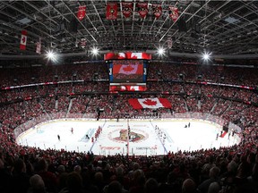 A general view during the singing of the national anthems prior to a game between the Ottawa Senators and the Montreal Canadiens in Game Three of the Eastern Conference Quarterfinals during the 2015 NHL Stanley Cup Playoffs at Canadian Tire Centre on April 19, 2015 in Ottawa, Ontario, Canada.
