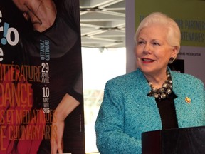 Ontario Lieutenant Governor Elizabeth Dowdeswell addressed invited guests to the opening night reception on Wednesday, April 29, 2015, for the National Arts Centre's Ontario Scene arts festival.