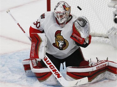 Ottawa Senators' goalie, Andrew Hammond, can't stop a one-timer by Montreal Canadiens' P.K. Subban during the second period of game two during round one o the 2015 NHL Playoffs at the Bell Centre in Montreal Friday April 17, 2015.