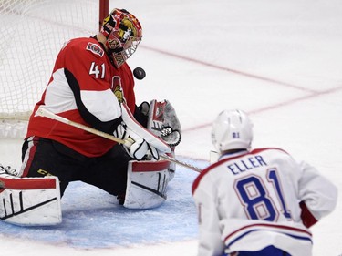 Ottawa Senators goalie Craig Anderson (41) stops a shot from Montreal Canadiens' Lars Eller(81) during first period NHL playoff action in Ottawa, Sunday, April 26, 2015.